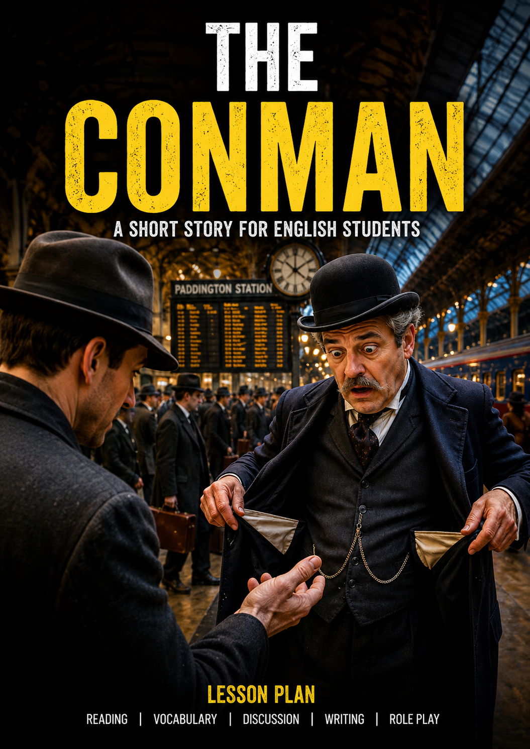 A mysterious man in a dark suit walking through a busy London railway station at dusk