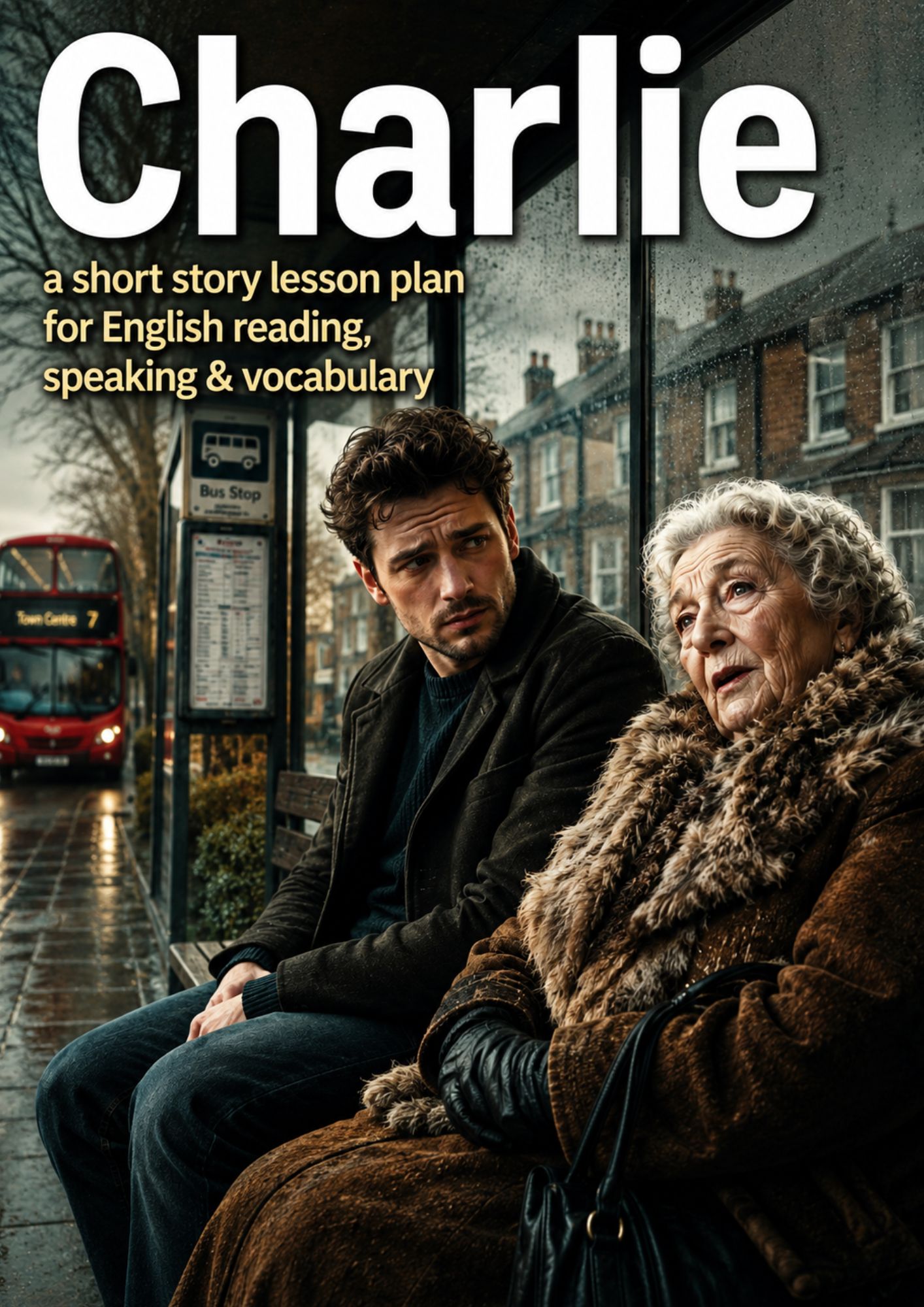 A young man and an elderly woman wait at a London bus stop in the rain